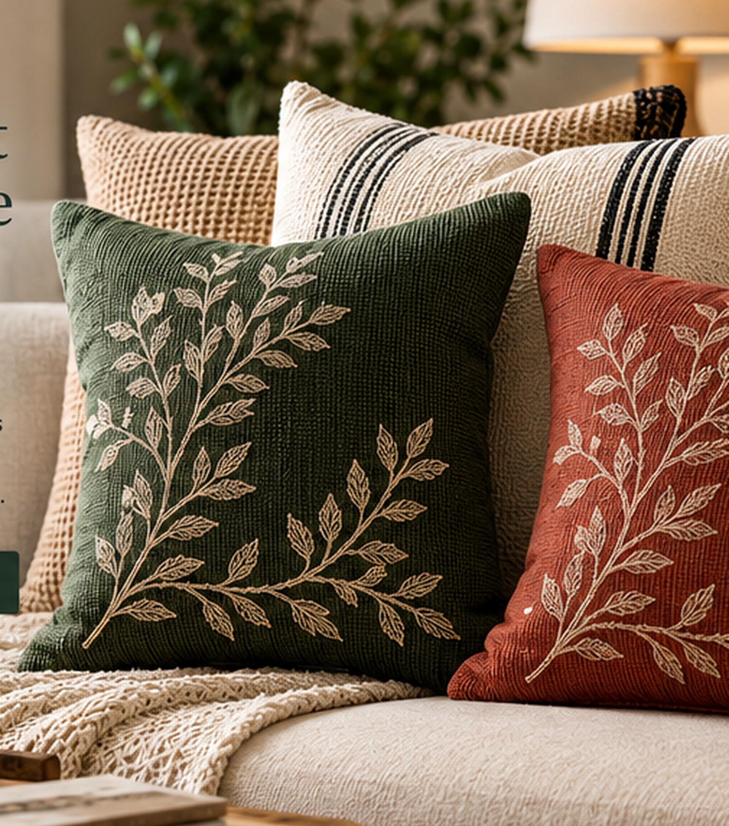 Premium botanical and textured cushion covers in sage, ivory and terracotta