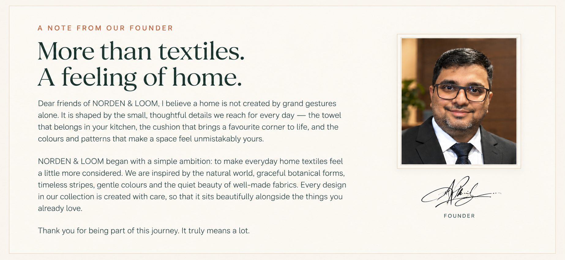 A note from our founder: More than textiles. A feeling of home. Founder portrait and personal message from NORDEN & LOOM.